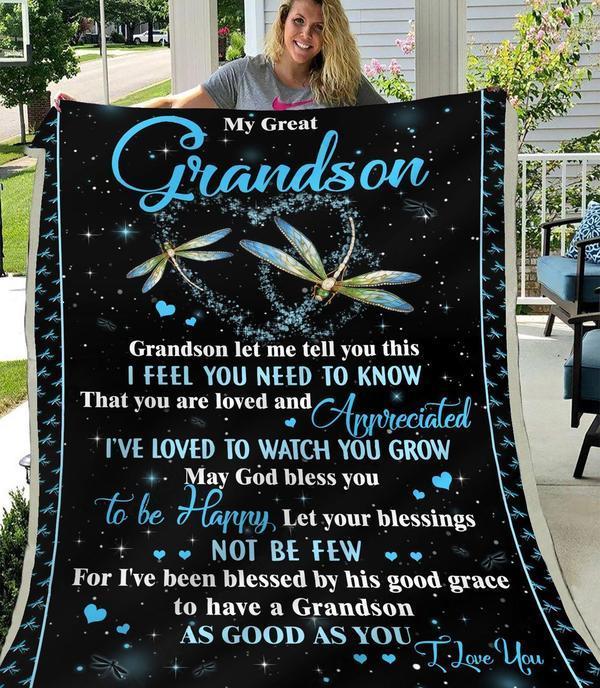 Dragonfly To My Grandson You Are Loved And Appreciated Fleece Blanket For Grandson 