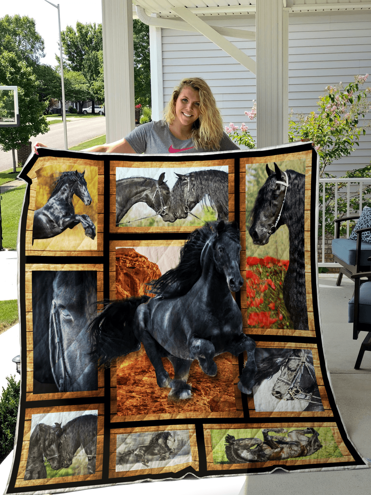 Friesian Horse On Racing Quilt Blanket Great Customized Blanket Gifts For Birthday Christmas Thanksgiving