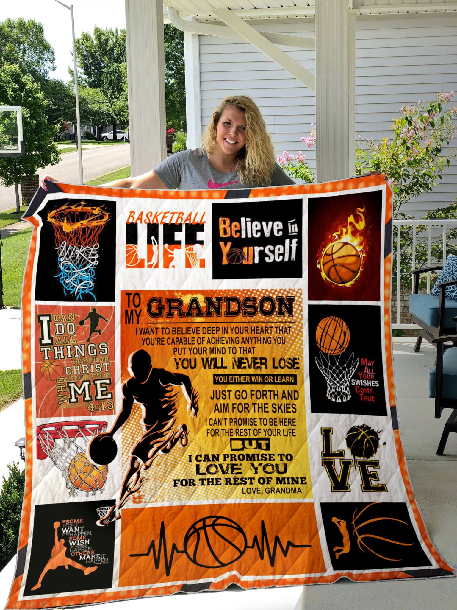 Personalized Basketball To My Grandson From Grandma You Will Never Lose Quilt Blanket Great Customized Perfect Basketball Lover