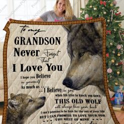 Personalized Wolf To My Grandson From Grandpa I Hope You Believe In Yourself Quilt Blanket Great Customized Perfect Wolf Lover