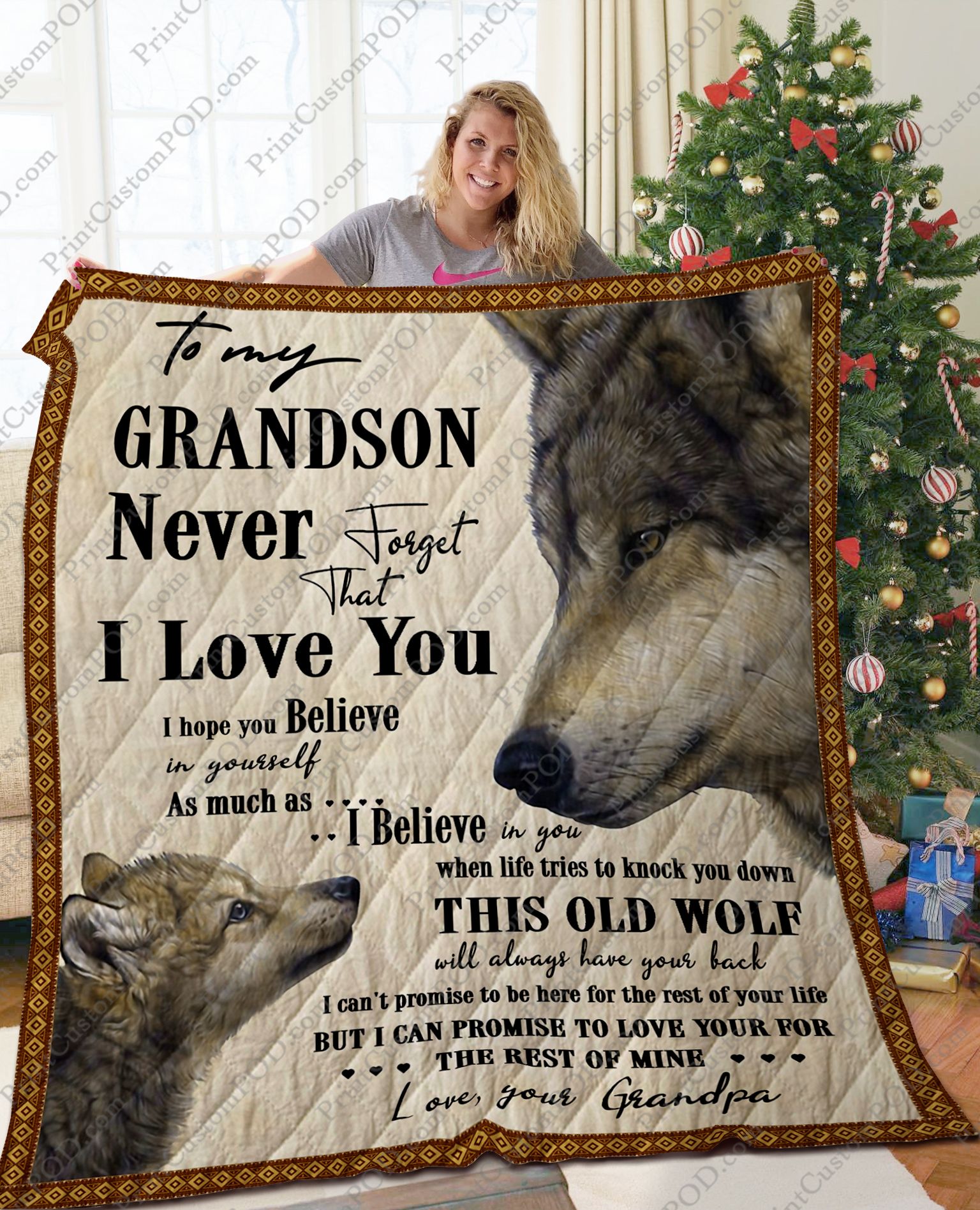 Personalized Wolf To My Grandson From Grandpa I Hope You Believe In Yourself Quilt Blanket Great Customized Perfect Wolf Lover