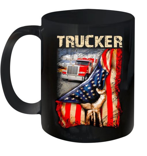 4th Of July Independence Day Truck Behind American Flag Trucker Premium Sublime Ceramic Coffee Mug Black