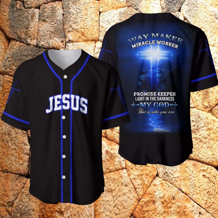 Amazing Jesus Lion Way Maker Miracle Worker Lion King Blue Black Personalized 3d Baseball Jersey