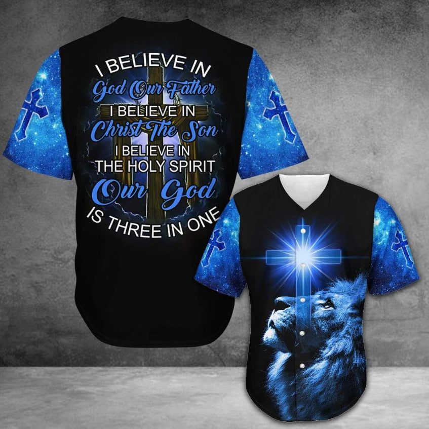 Amazing Lion I Believe In God Blue Personalized 3d Baseball Jersey