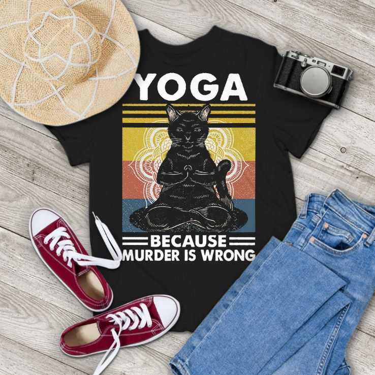 Black Cat Hippies Yoga Because Murder Is Wrong Vintage Mens T-Shirt