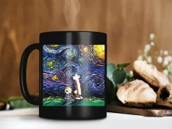 Calvin And Hobbes Watching Starry Night Van Gogh Oil Paint Mug Vincent Van Gogh Lover Mug Premium Sublime Ceramic Coffee Mug Black