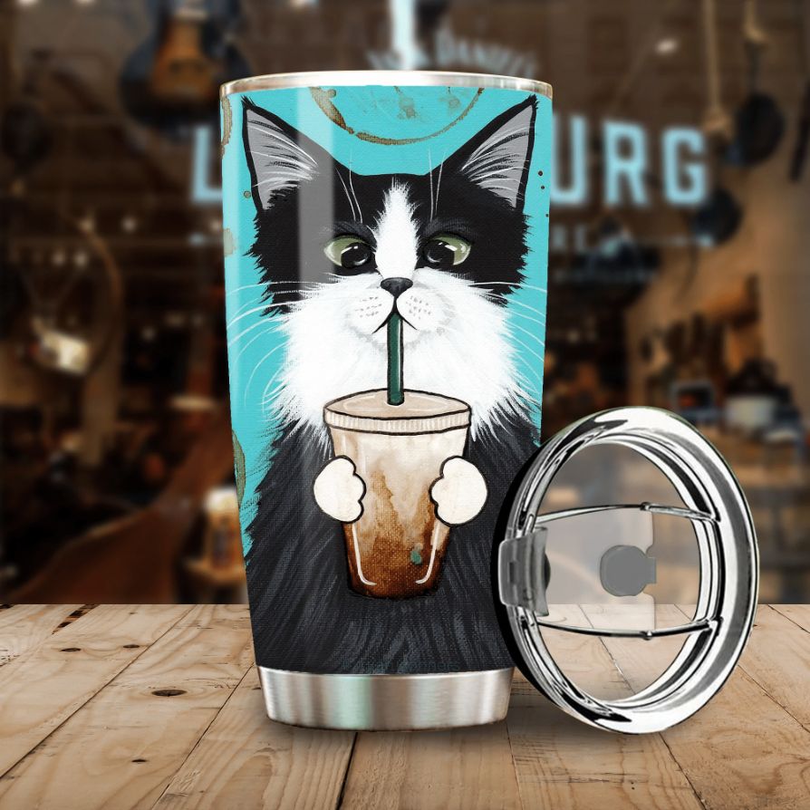 Cat Drinks Coffee Cute Meow Stainless Steel Cup