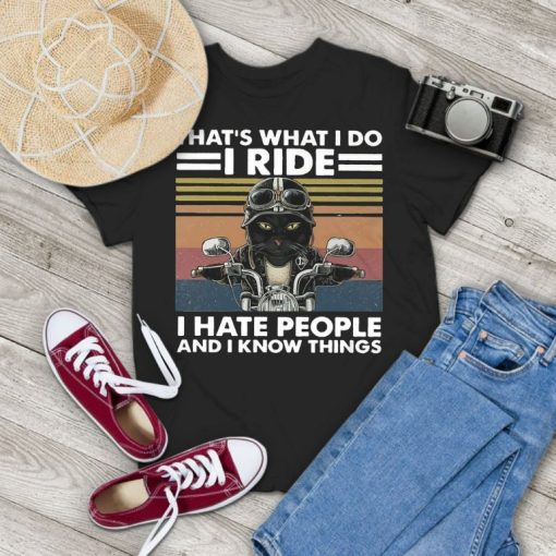 Cat Riding Motorcycle Thats What I Do I Ride I Hate People Retro Vintage T-Shirt