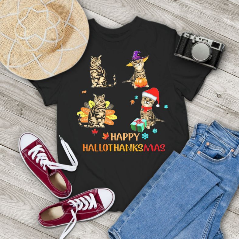 Cats Happy Hallothanksmas Funny Halloween And Xmas Gifts Vintage T-Shirt
