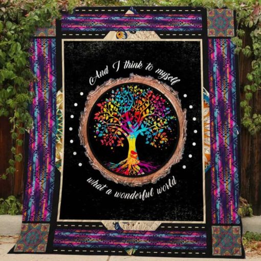 Colorful Tree And I Think To Myself Quilt Blanket