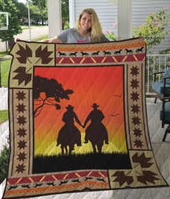 Couple At Dawn Horse Cowboy Quilt Blanket