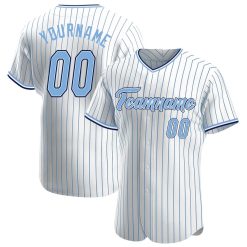 Custom Personalized White Light Blue Strip Light Blue Navy Baseball Jersey