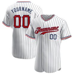 Custom Personalized White Navy Strip Red Navy Baseball Jersey