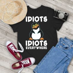 Idiots Idiots Everywhere Funny Penguin Graphic Vintage T-Shirt