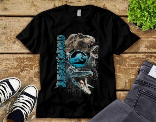 Jurassic World Two Dinosaurs Logo Stack Graphic Vintage Unisex Tee Adult T-Shirt