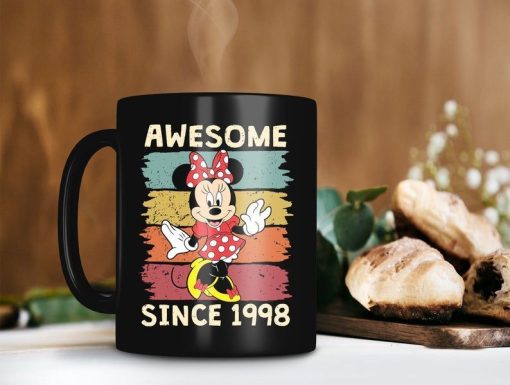 Minnie Mouse Awesome Since 1998 Mug Customized Year Of Birth Mug Personalized Retro Vintage Disney Premium Sublime Ceramic Coffee Mug Black