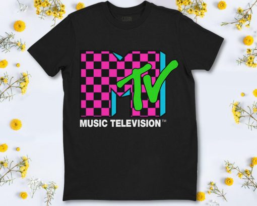 MTV Classic MTV Logo Pink And Blue Checker Design T-Shirt