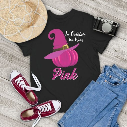 October Wear Pink Halloween Witch Pumpkin Breast Cancer Vintage T-Shirt