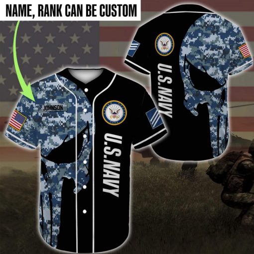 Personalized Name And Rank Us Navy Camo Skull Black Blue Baseball Jersey