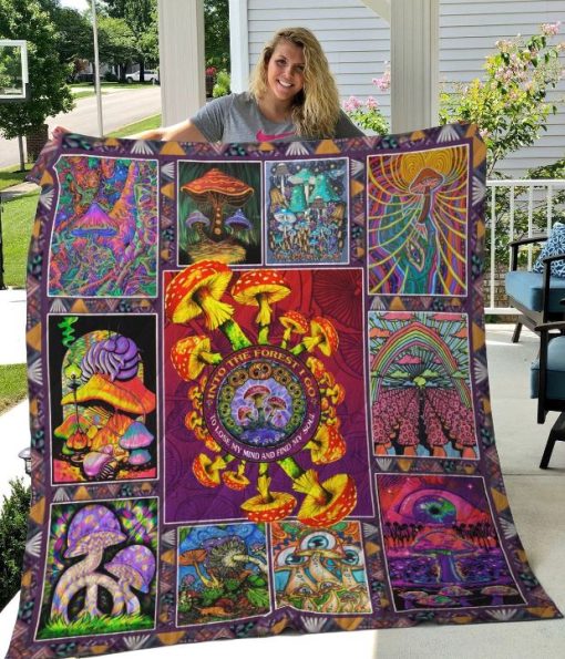 Psychedelic Trippy Mushroom Into The Forest Quilt Blanket