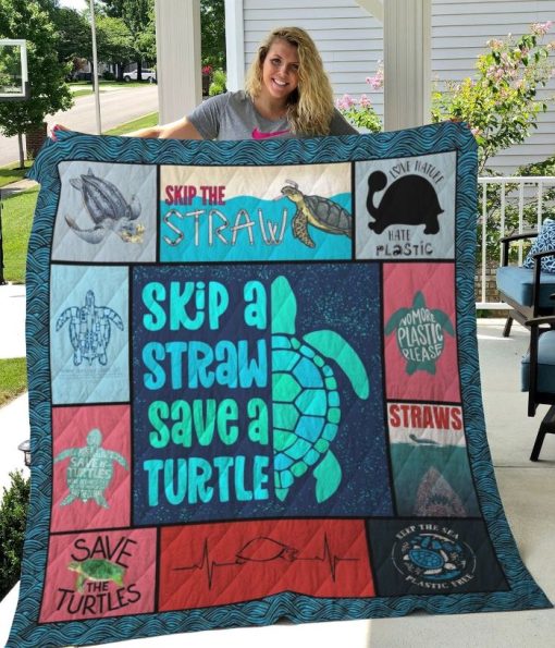 Skip A Straw Save A Turtle Quilt Blanket