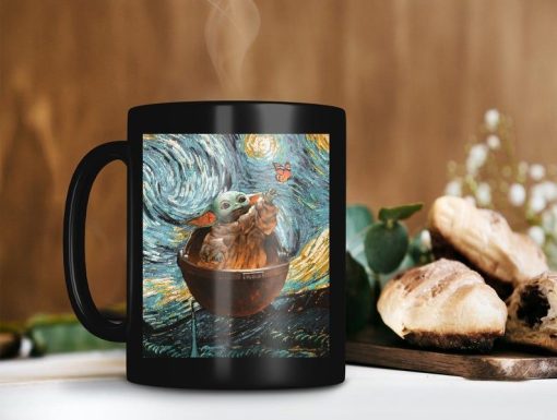 The Child Butterfly Starry Night Baby Yoda Mug Star Wars Gift The Mandalorian Gift Christmas Lights Premium Sublime Ceramic Coffee Mug Black