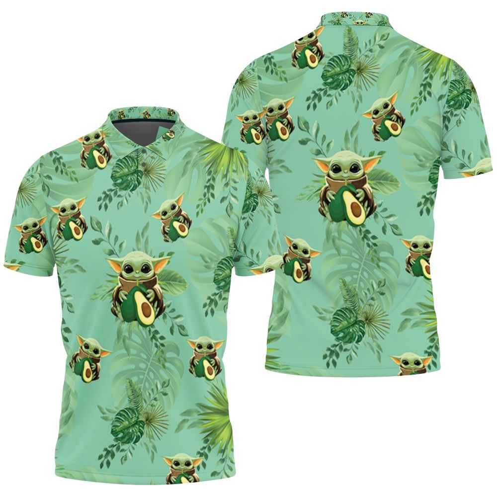 Baby Yoda Hugging Avocadoes Seamless Tropical Green Leaves On Green Polo Shirt All Over Print Shirt 3d T-shirt
