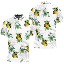 Baby Yoda Hugging Peaches Seamless Tropical Green Leaves On White Polo Shirt All Over Print Shirt 3d T-shirt