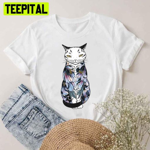 Cat In Cosmic Black Peonies Tattoo Unisex T-Shirt