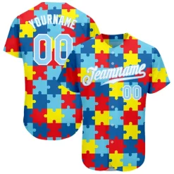 Custom Autism Awareness Puzzle Pieces-Light Blue White 3D Authentic Baseball Jersey