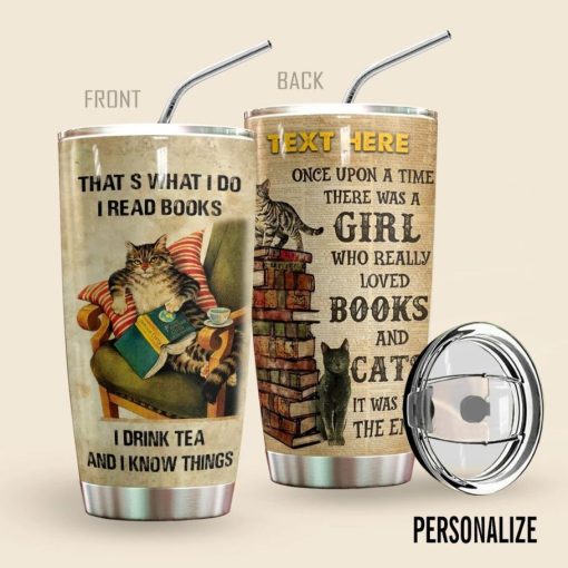 Custom Name Cat Reading Book Gift For Lover Day Travel Tumbler