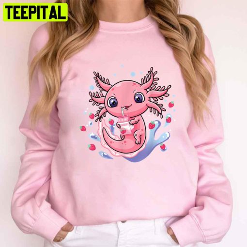 Cute Axlotl Drink Strawberry Milk Unisex T-Shirt