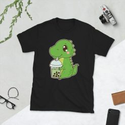 Kawaii Cute Boba Dinosaur Tyrannosaurus T Rex Animal Lover Matcha Green Bubble Pearl Milk Tea Short-Sleeve Unisex T-Shirt