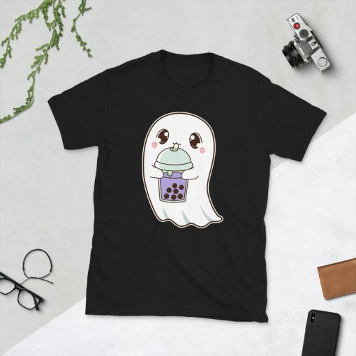 Kawaii Cute Boba Ghost Spooky Halloween Asian Food Foodie Lover Purple Taro Ube Bubble Pearl Milk Tea Short-Sleeve Unisex T-Shirt