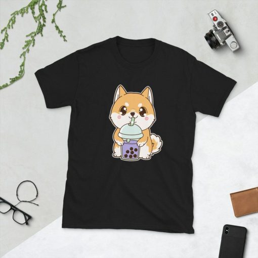 Kawaii Cute Boba Shiba Inu Dog Animal Lover Asian Food Foodie Purple Taro Ube Bubble Pearl Milk Tea Short-Sleeve Unisex T-Shirt