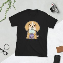 Kawaii Cute Chinese Zodiac Year of the Dog Beagle Asian Food Foodie Purple Taro Ube Boba Bubble Pearl Milk Tea Short-Sleeve Unisex T-Shirt