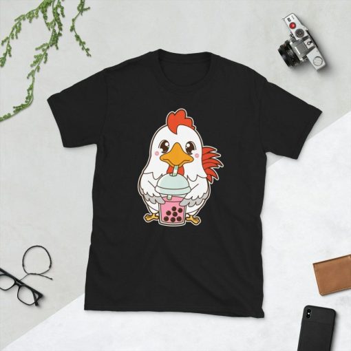 Kawaii Cute Year of the Rooster Chicken Asian Food Foodie Strawberry Rose Boba Bubble Pearl Milk Tea Short-Sleeve Unisex T-Shirt