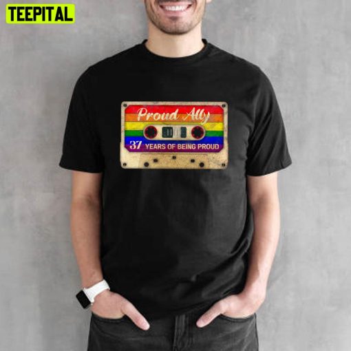 Proud Ally 37 Years Of Being Proud 80s Retro Video Cassette Pride Month Unisex T-Shirt