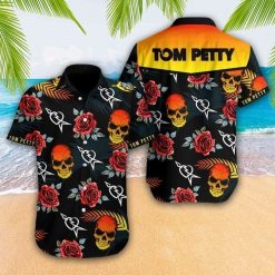 Tom Petty And The Heartbreakers x Skull Flowers Hawaiian Graphic Print Short Sleeve Hawaiian Casual Shirt N98