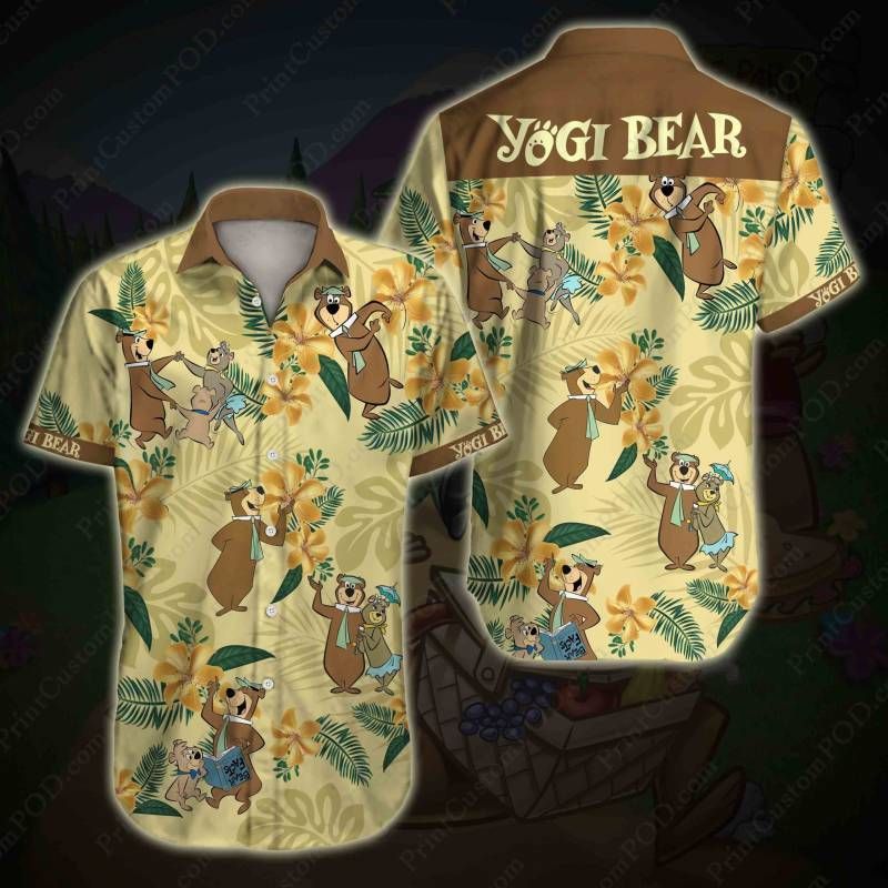 Yogi Bear Hawaiian Graphic Print Short Sleeve Hawaiian Casual Shirt N98