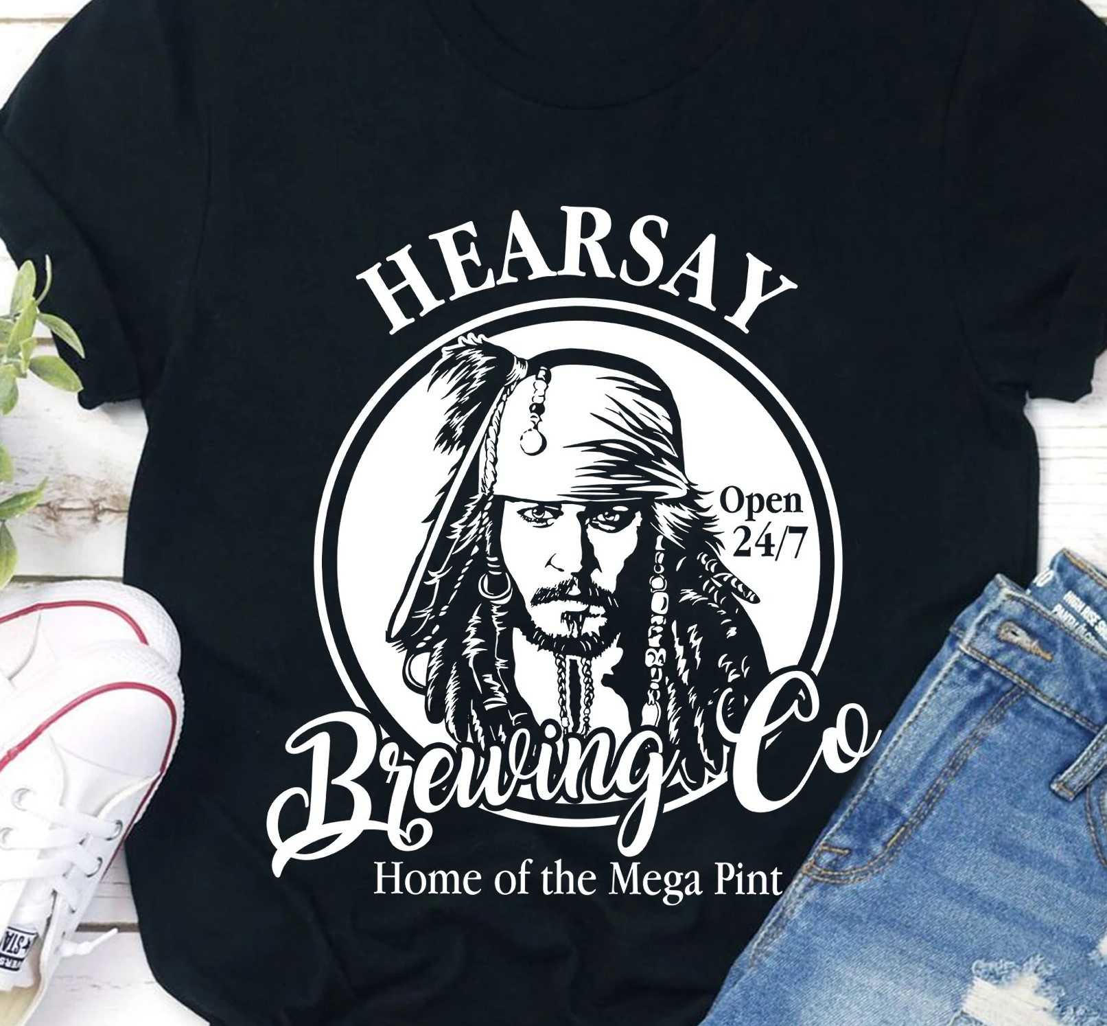 Hearsay Brewing Co Home Of The Mega Pint Captain Jack Sparrow Pirate Of The Caribbean Johnny Depp Unisex T-Shirt