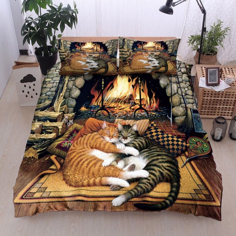 3D Couple Tabby Cat Sleeping By The Heater Cotton Bedding Sets