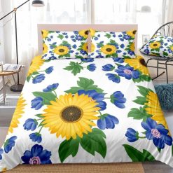 3D Sunflower And Blue Flowers Cotton Bedding Sets