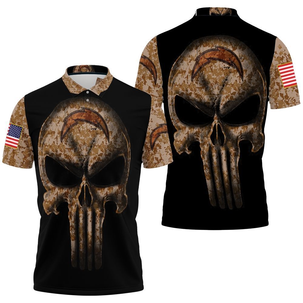Camouflage Skull Los Angeles Chargers American Flag Polo Shirt All Over Print Shirt 3d T-shirt