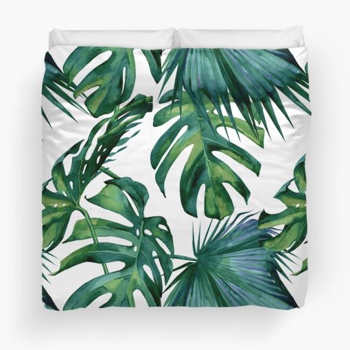 Classic Green Tropical Monstera Leaf Jungle Palm Pattern Bedding Set Quilt Cover Flatsheet 2 Pillow Cases