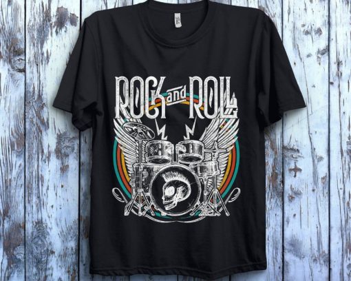 Distressed Vintage Retro 80s Rock Roll Music Drums Wings T-Shirt