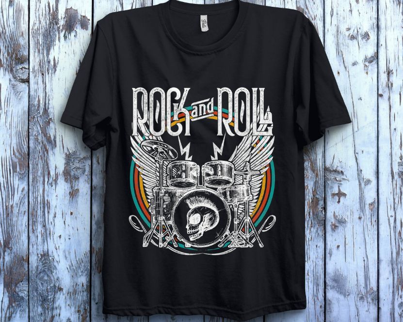 Distressed Vintage Retro 80s Rock Roll Music Drums Wings T-Shirt