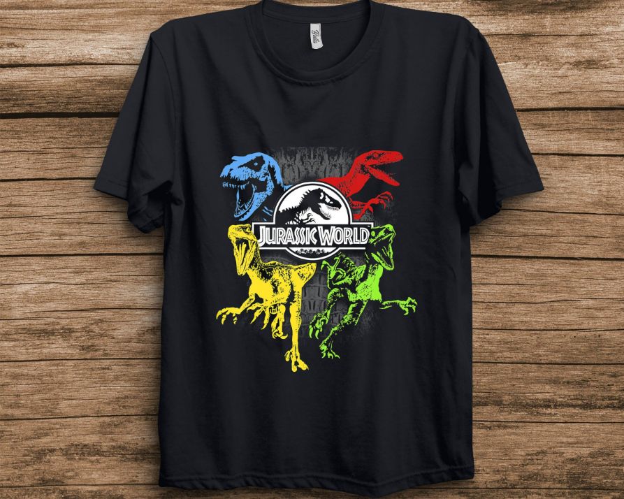 Jurassic World Primary Color Raptors  T-Rex Graphic T-Shirt