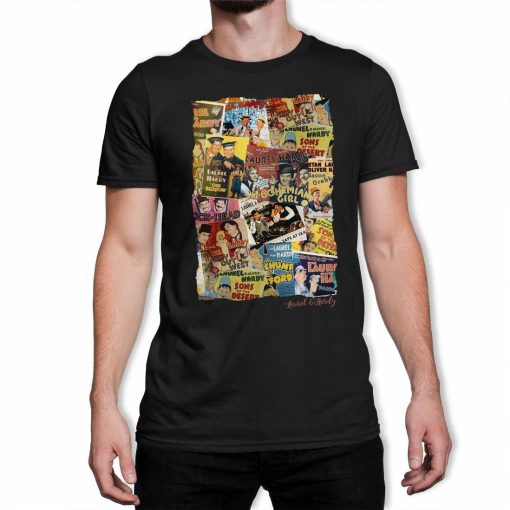 Laurel  Hardy Poster Montage Square Mens Black T-Shirt