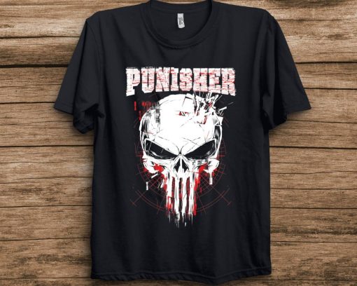 Marvel The Punisher Skull and Red Streaked Logo T-Shirt